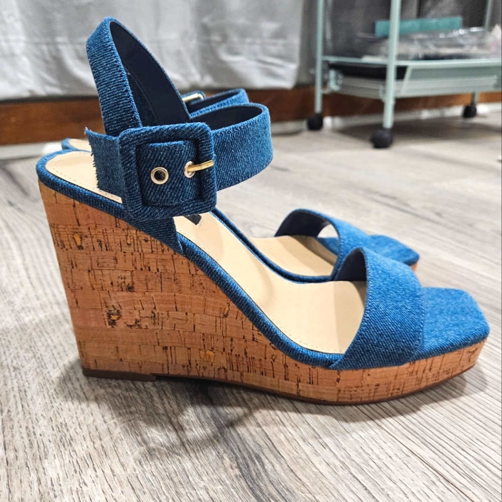 Nine West Blue Denim Wedge Sandals
